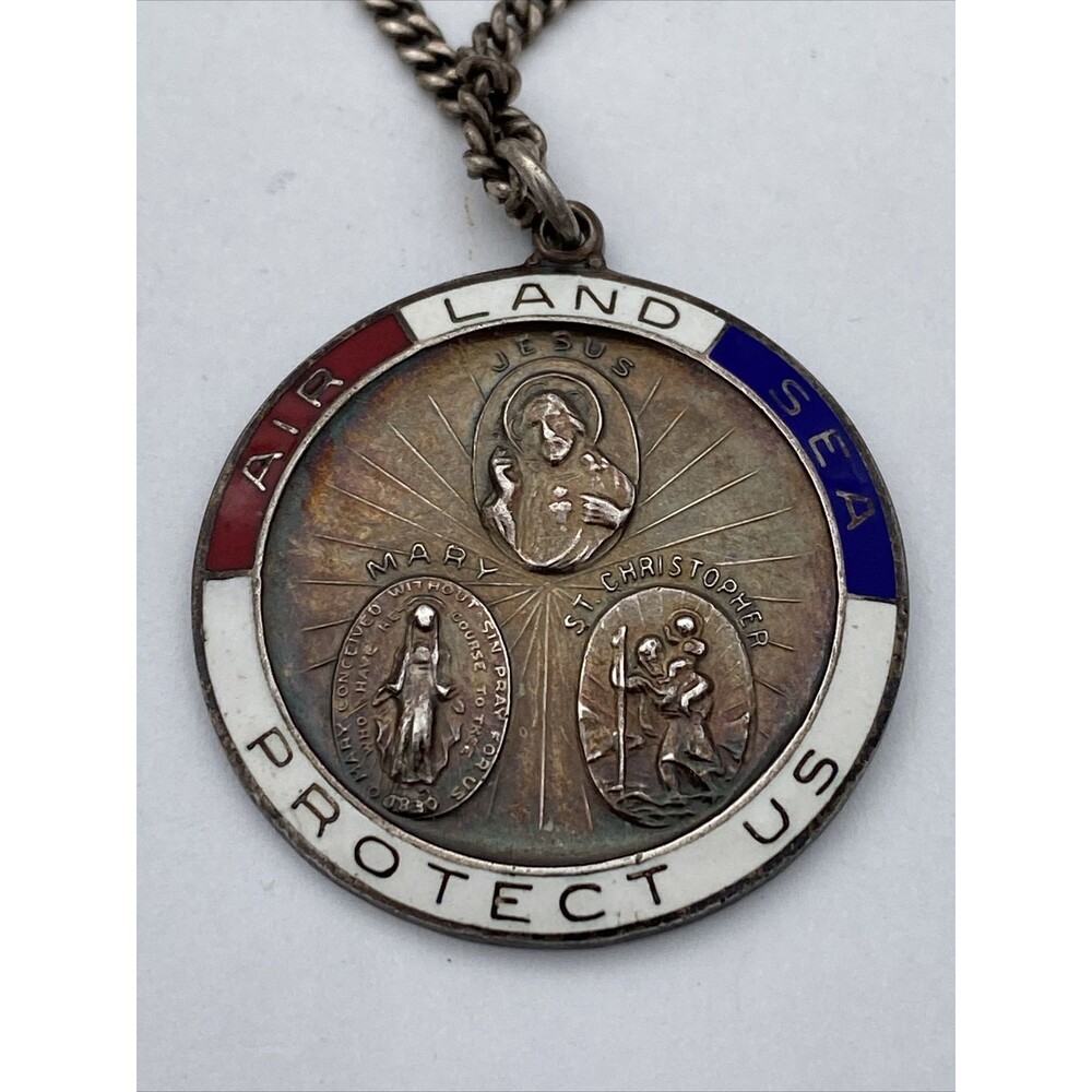 Jesus, Virgin Mary, St. Christopher, Protective Sterling Military Pendant Medal